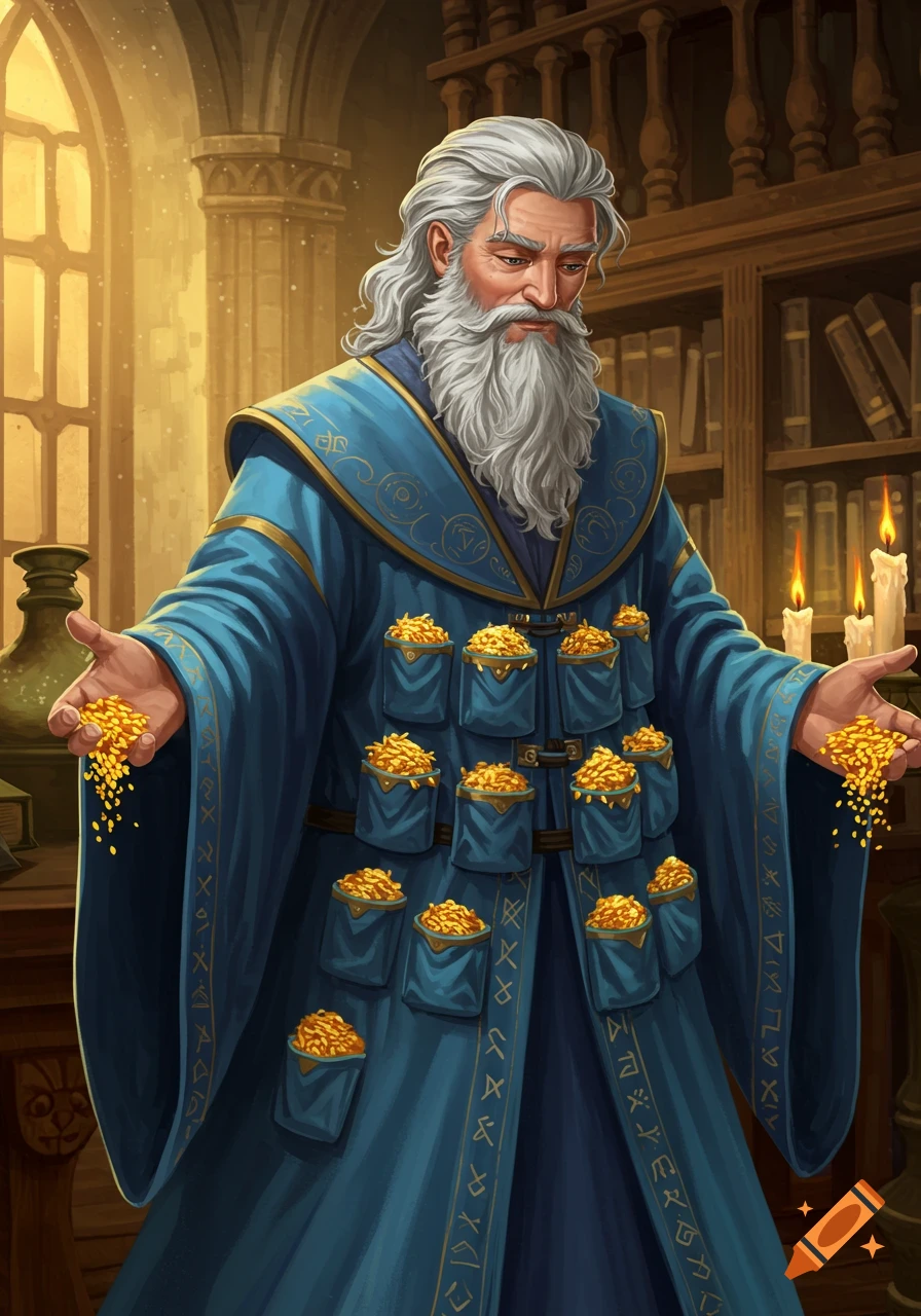 A wise old wizard in a blue robe with pockets full of gold, spilling gold from his hands in a study.