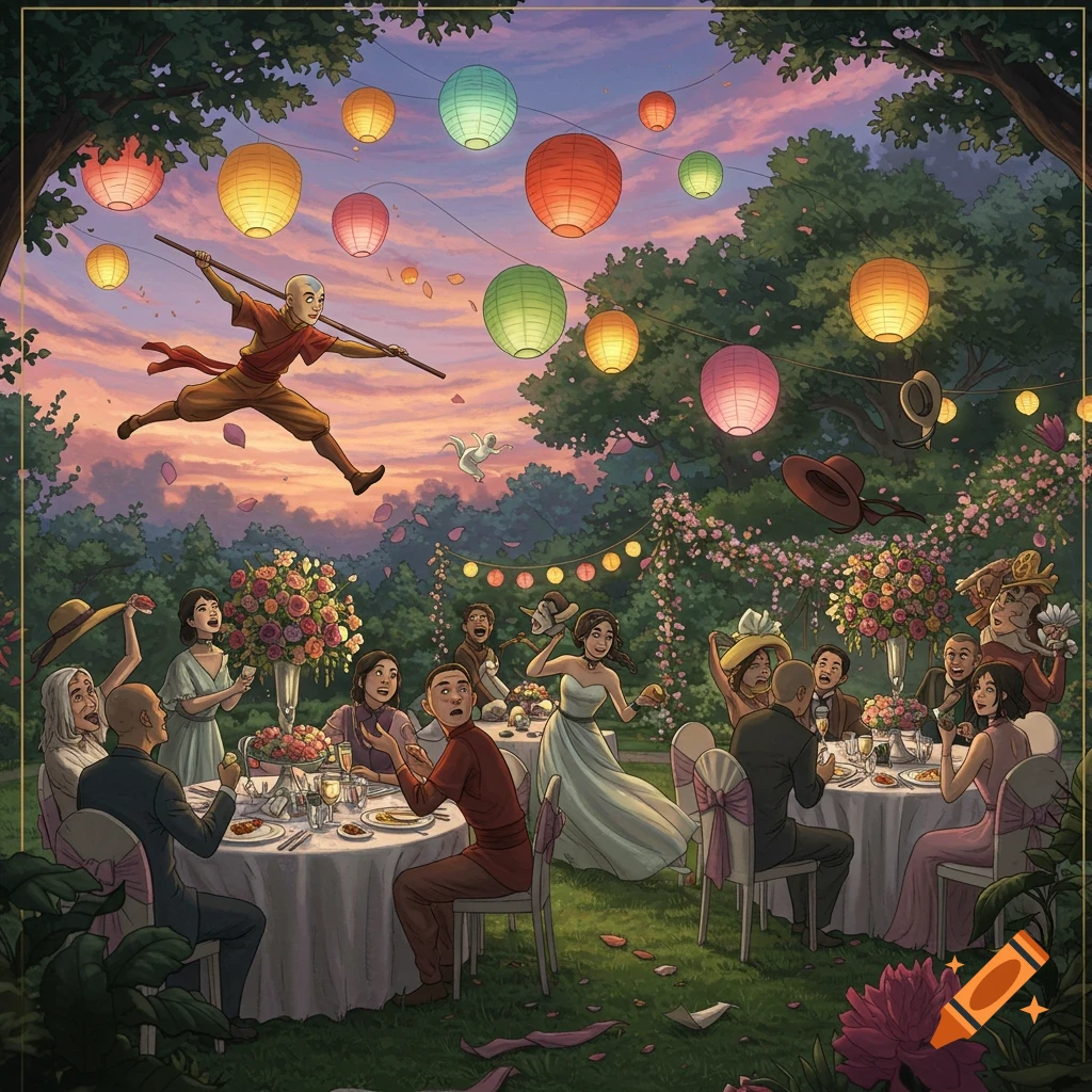 Aang crashes an outdoor wedding at sunset, soaring over guests who react with surprise and amusement, in an animated illustration style.