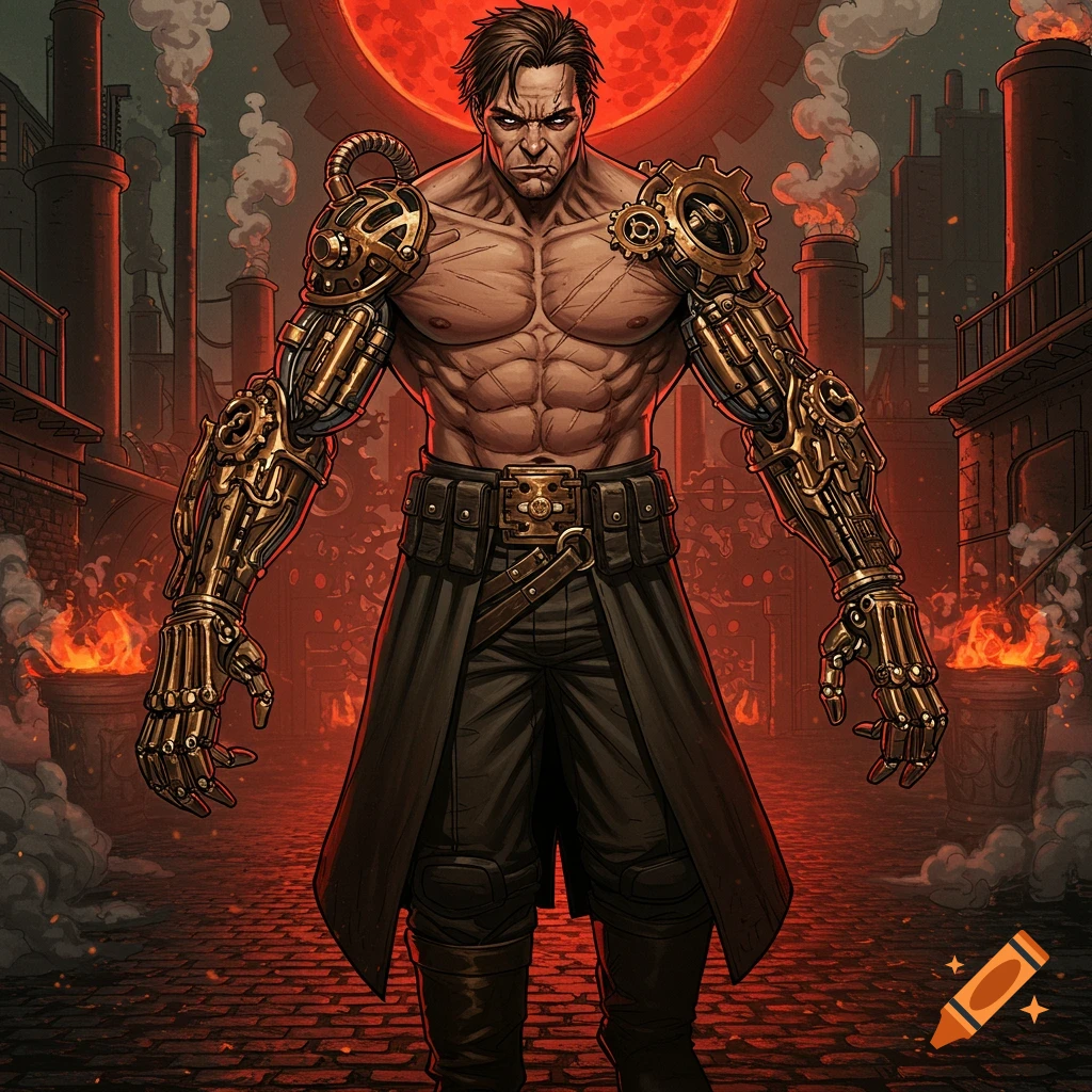 Muscular steampunk man with mechanical arms stands in an industrial city under a red sky, comic art style.