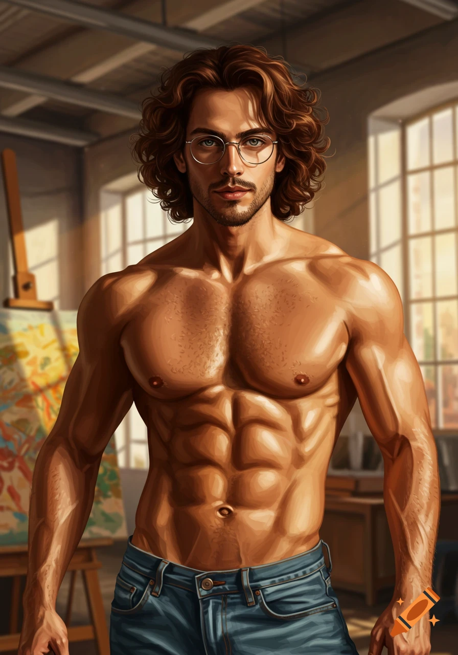 A muscular man with curly brown hair and glasses, wearing jeans, stands in an artist's studio with an easel in the background. Digital art style.