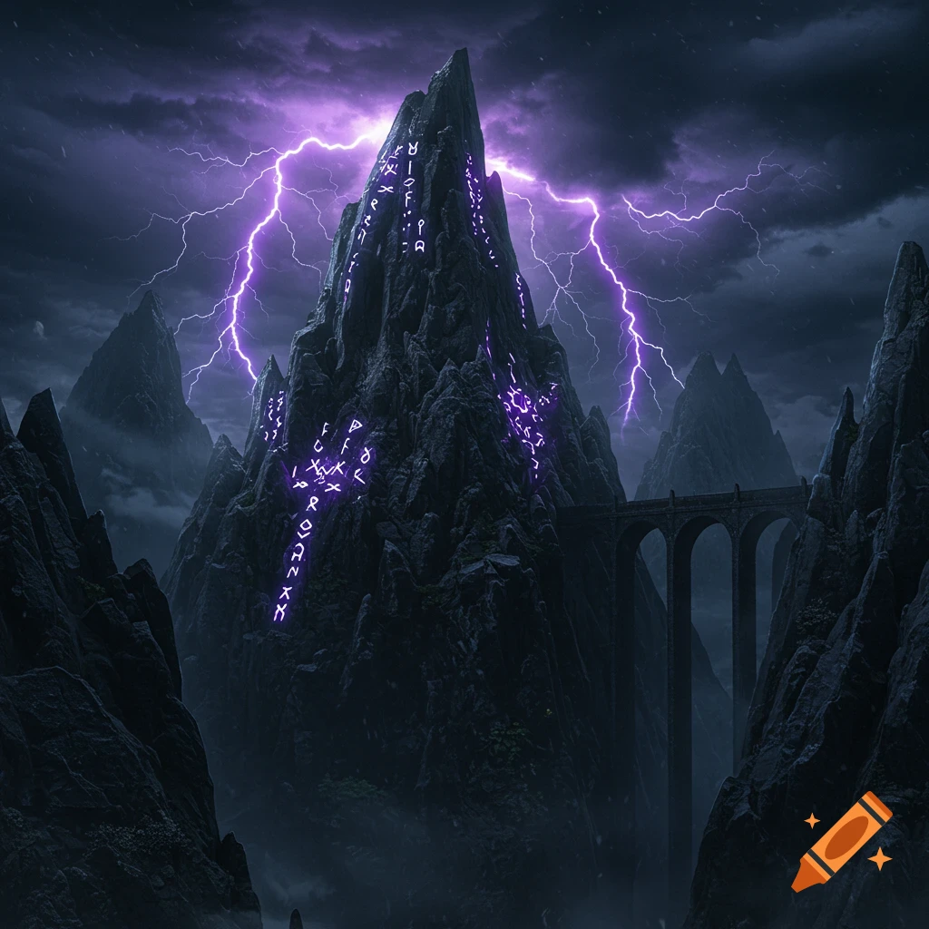 A dark, jagged obsidian mountain with glowing purple runes and lightning, surrounded by storm clouds, with a stone bridge between peaks.