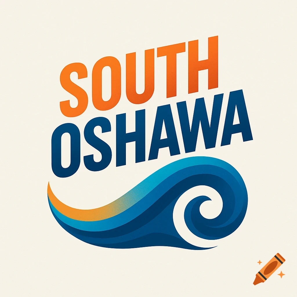 Logo for South Oshawa featuring orange and blue text angled upwards, with a stylized blue and orange wave graphic below it.