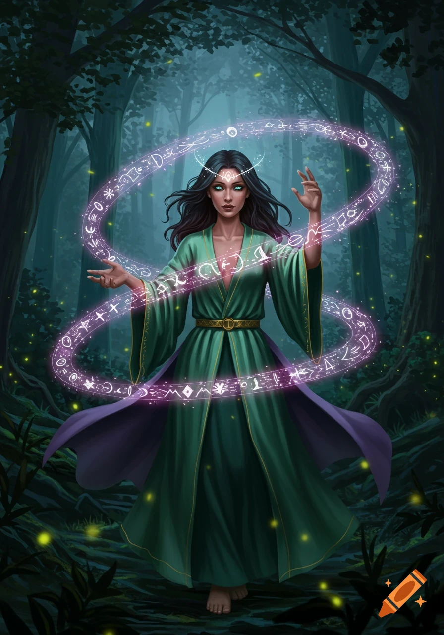 A dark-haired sorceress in a green robe stands in a forest, casting a spell with glowing purple magical symbols swirling around her.