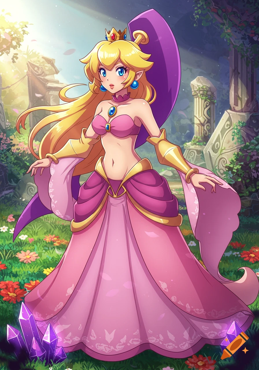 An anime-style fusion of Princess Peach and Shantae, with blonde hair, a crown, and a pink and purple outfit, stands in lush forest ruins.