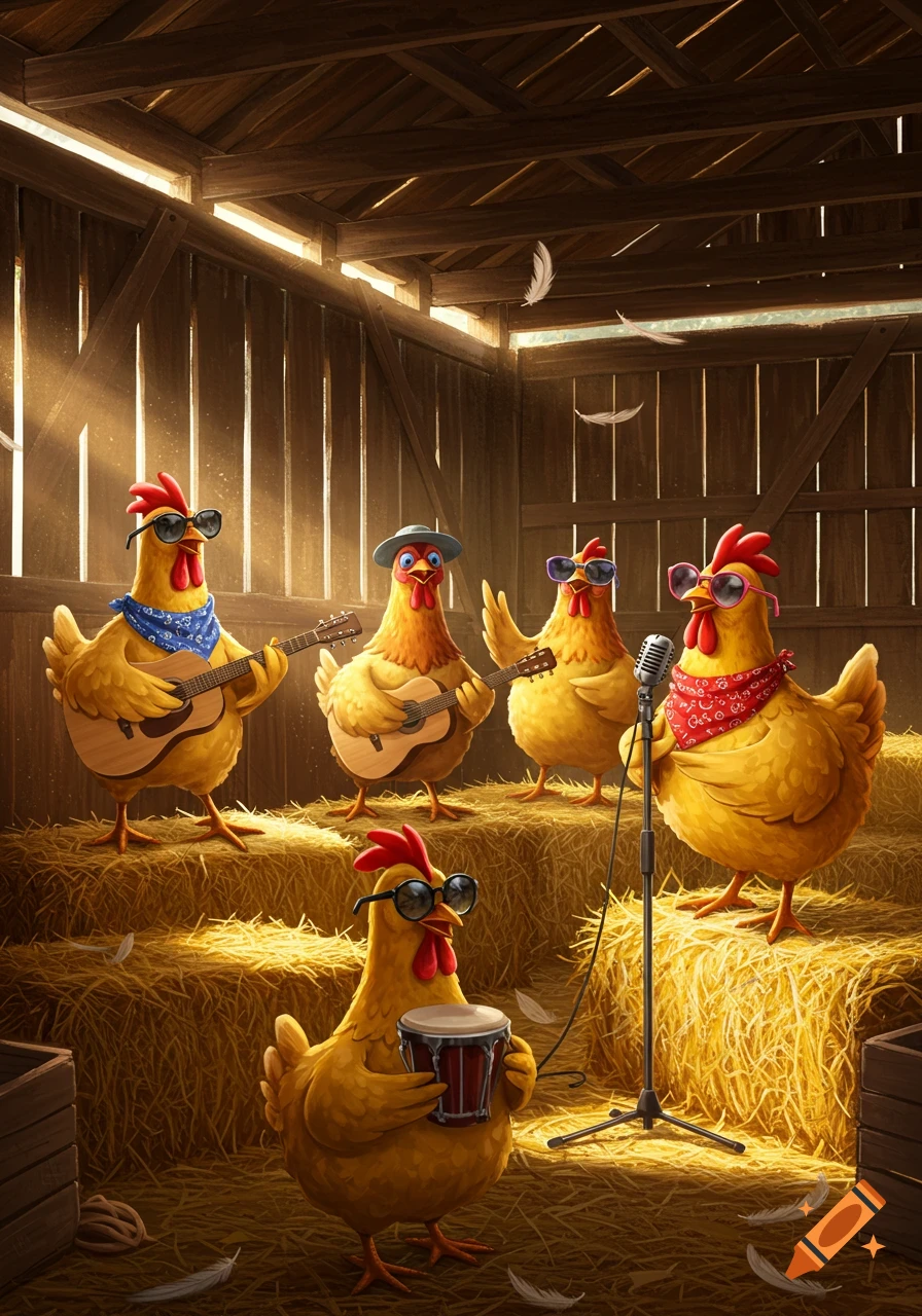 Semi-cartoon chickens playing music in a rustic barn on bales of hay.
