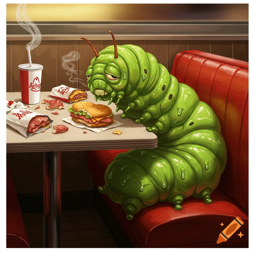 A green, fat, greasy cartoon caterpillar sits at an Arby's booth, surrounded by food wrappers and a half-eaten sandwich.