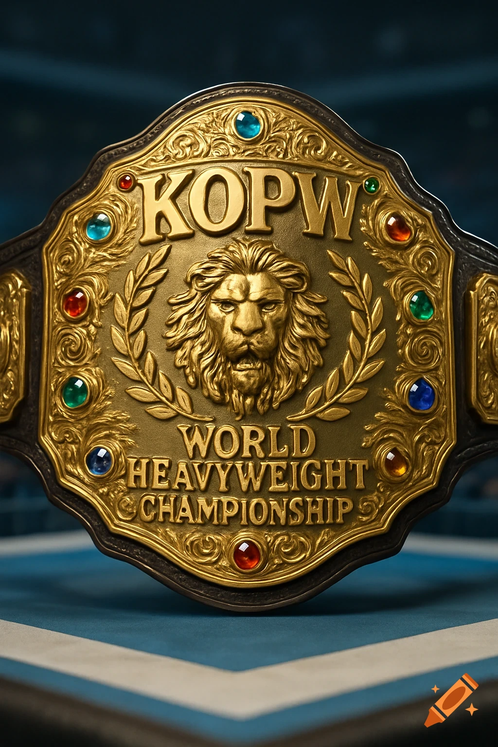 A detailed golden wrestling championship belt with 'KOPW World Heavyweight Championship' text, a lion's head, and colorful gems.