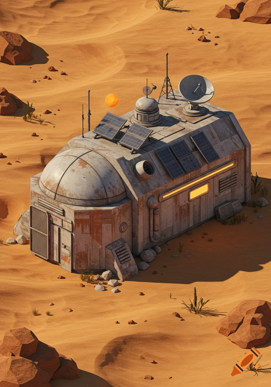 Isometric view of a rugged, Star Wars-style sci-fi building with solar panels and a satellite dish in a desert landscape with an orange floating orb.