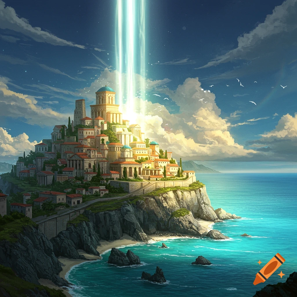A fantastical ancient city on a rocky cliff by a blue sea, with bright light rays descending from a cloudy sky.