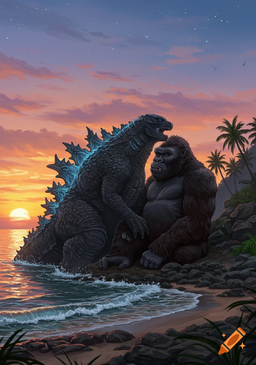 Godzilla and King Kong sit together on a rocky tropical beach at sunset under an orange and purple sky. Illustrated.