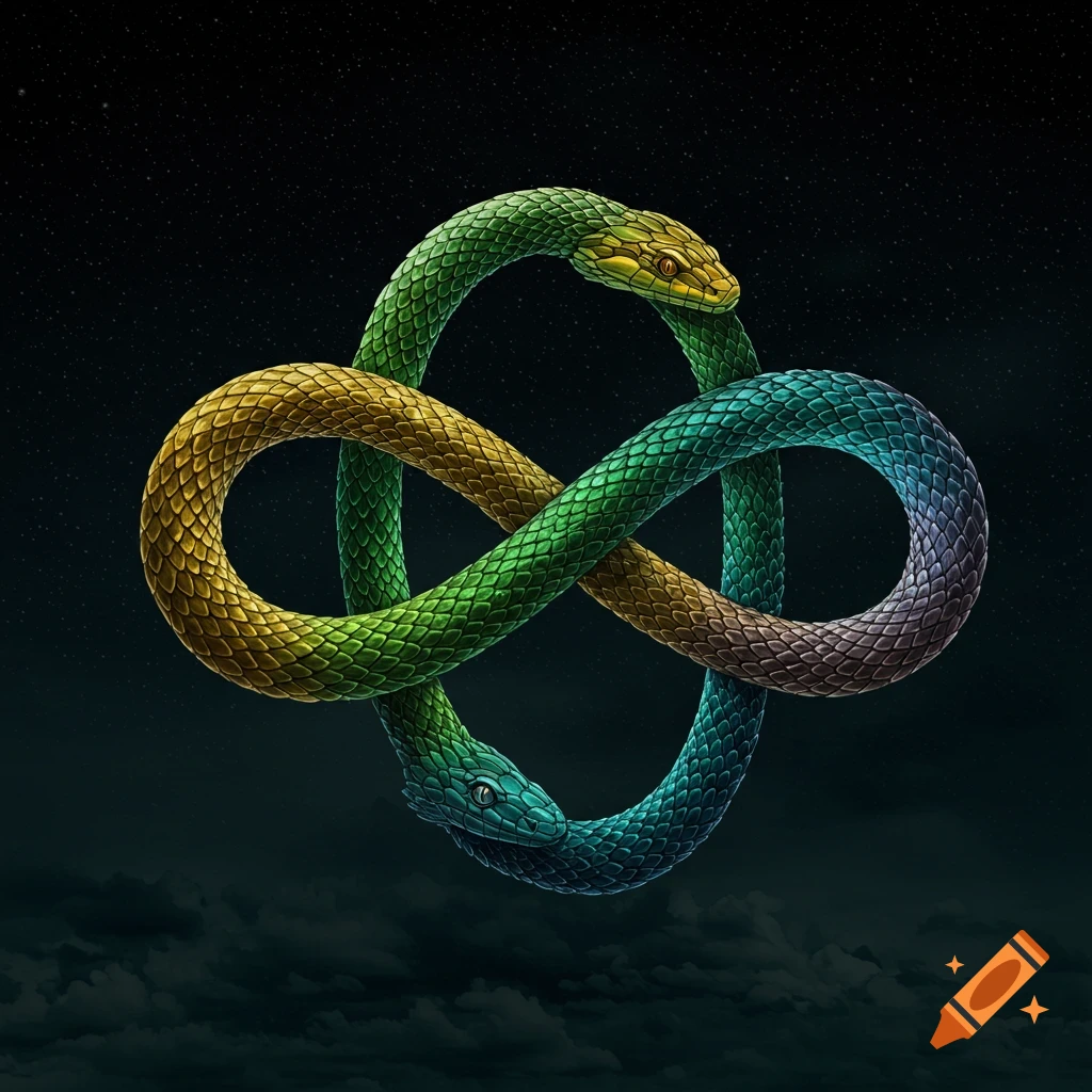 A detailed illustration of two intertwining, colorful snakes forming an ouroboros symbol against a dark, starry sky.