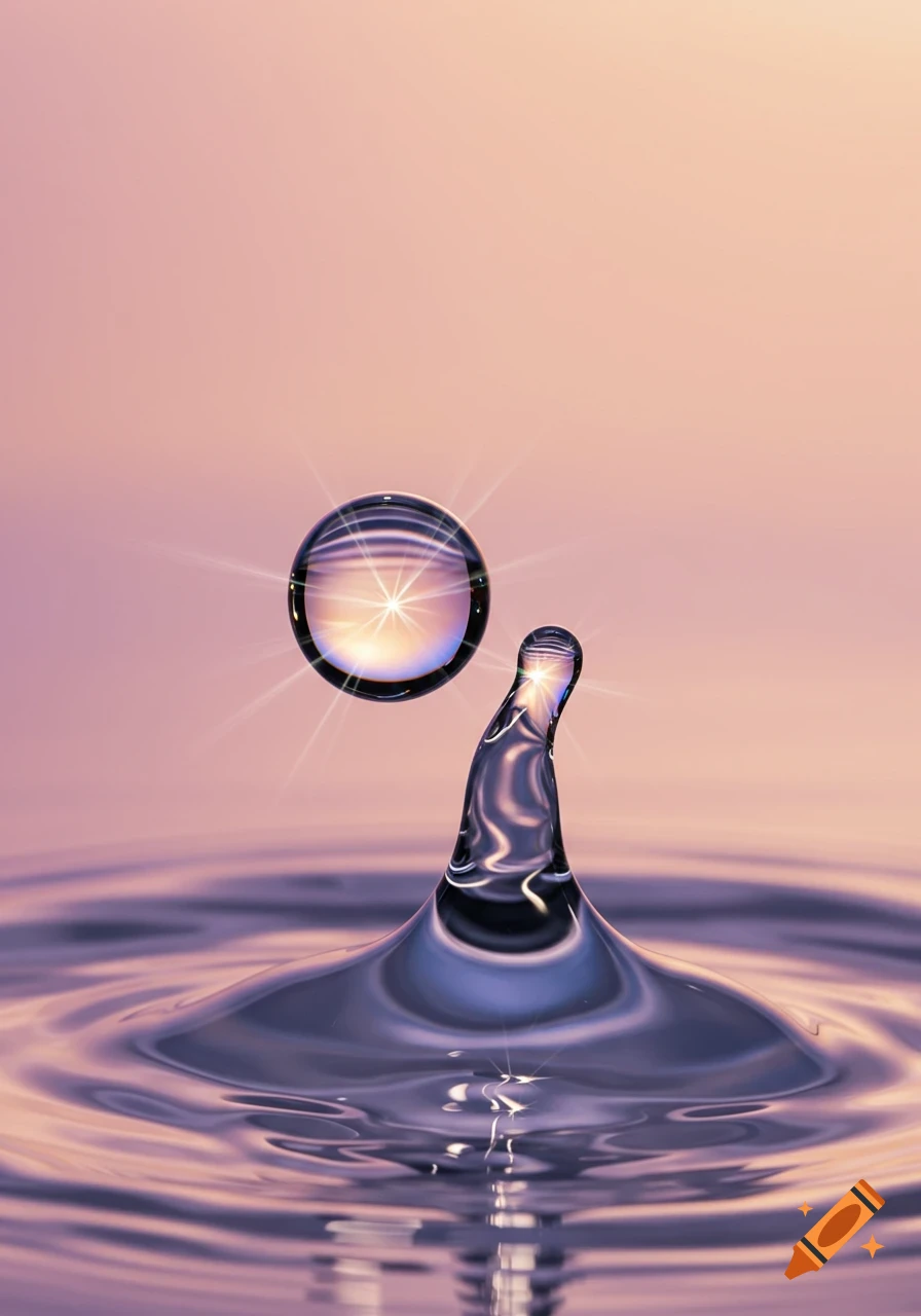 A macro photograph of a water droplet hovering above a rippling water surface, reflecting a sparkling light.