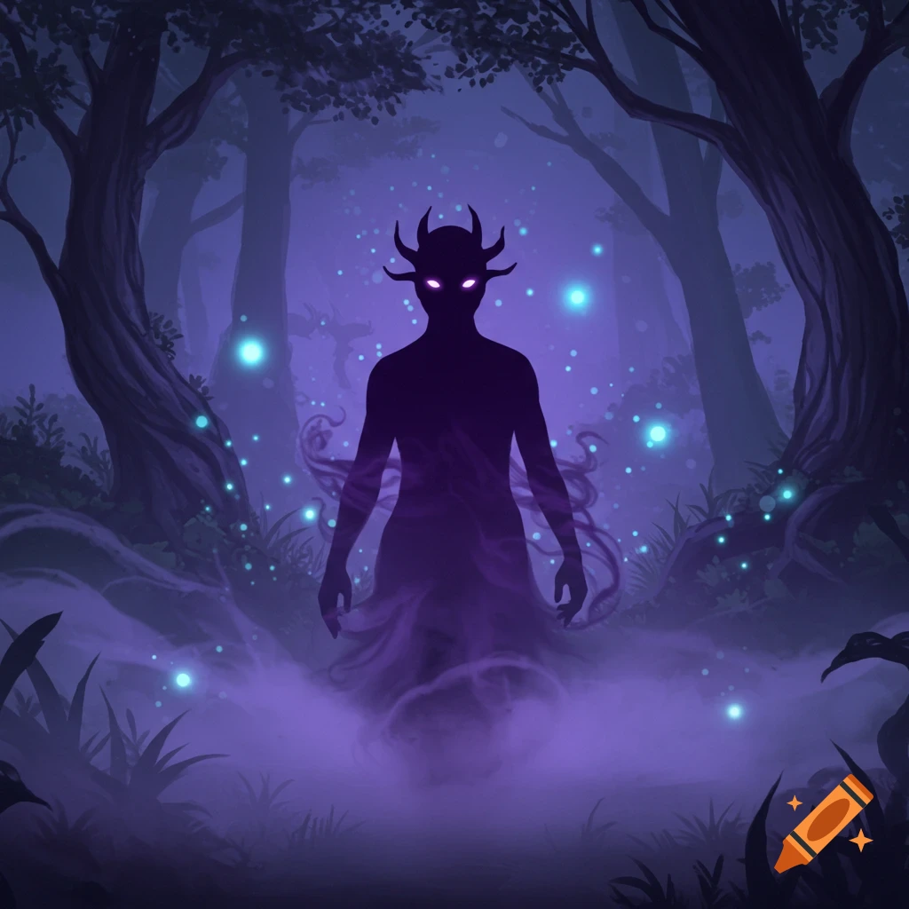 A shadowy purple figure with glowing eyes and horns stands in a dark, misty forest with glowing blue orbs.