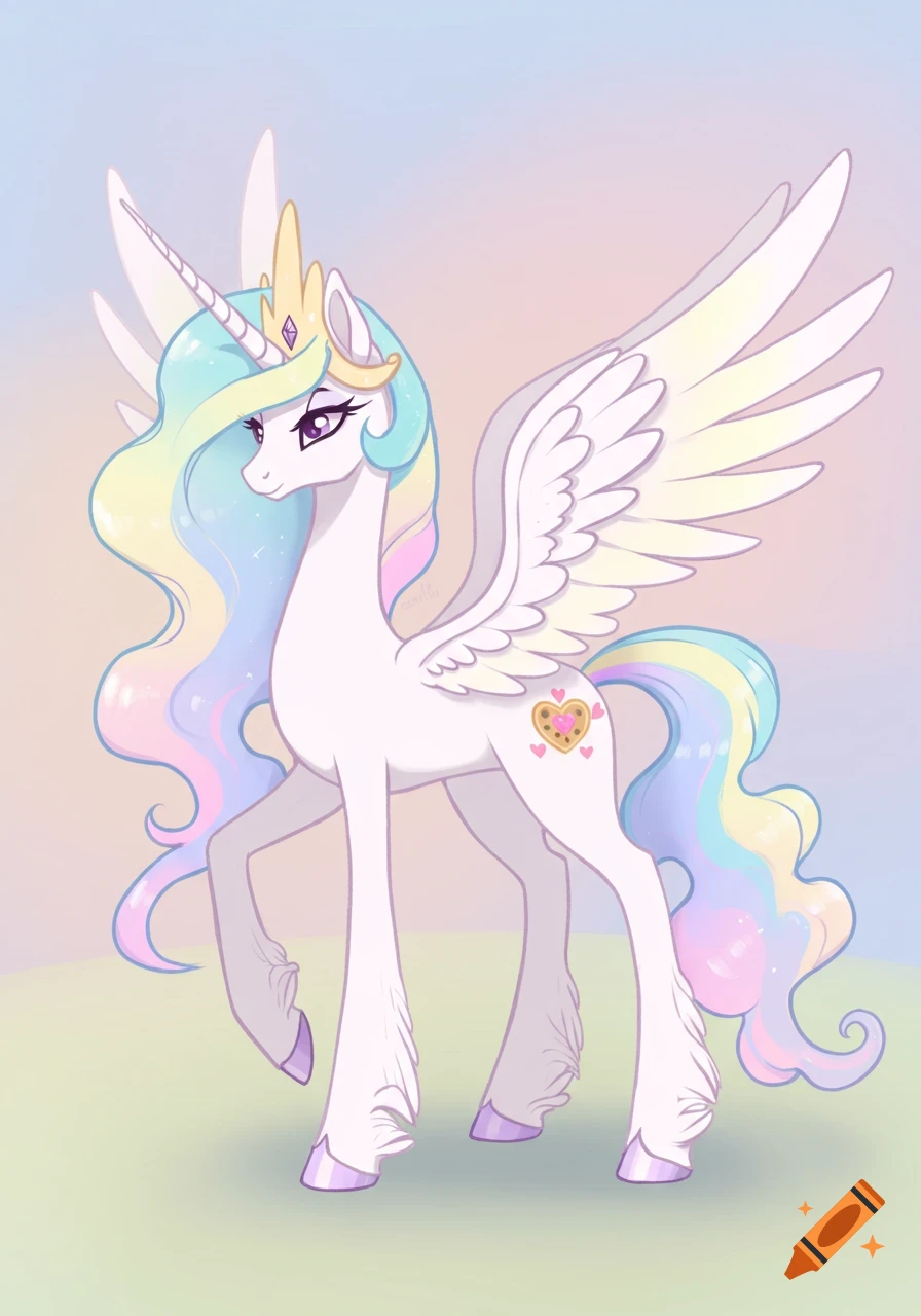 White alicorn with pastel rainbow mane and tail, a golden crown, and a heart cookie cutie mark, standing against a minimalistic pastel background in a cartoon style.