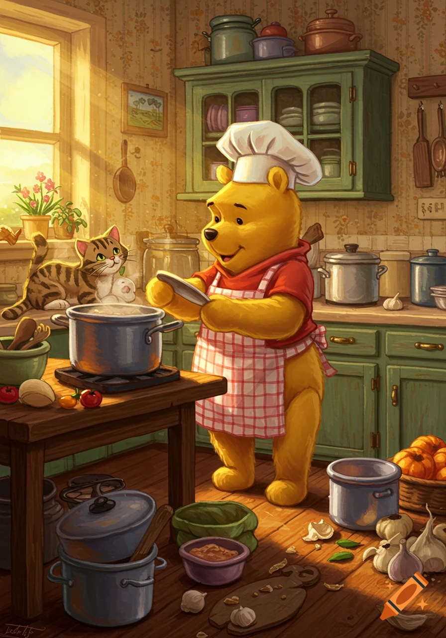 Illustrated Winnie the Pooh, in chef hat and apron, cooks in a pot in a sunlit kitchen as a striped cat and kitten watch.