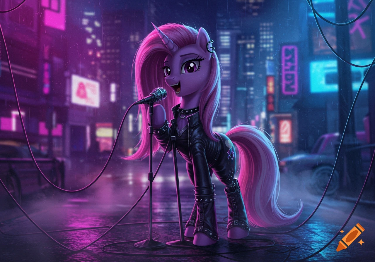 A purple unicorn pony in a gothic punk outfit sings into a microphone on a rainy cyberpunk street with neon lights.