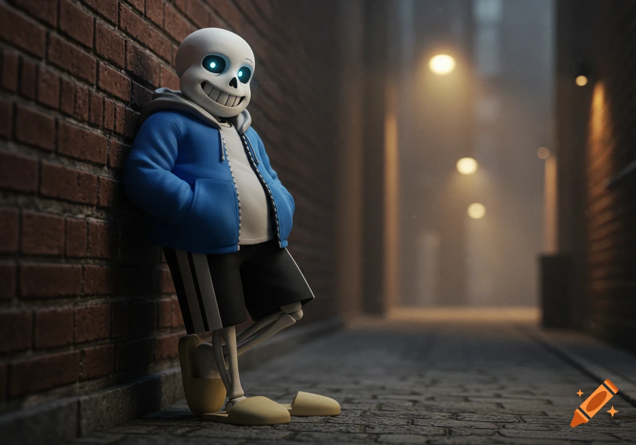 Photorealistic rendering of Sans the Skeleton, smiling with glowing blue eyes, leaning casually against a brick wall in a dark alleyway with streetlights.