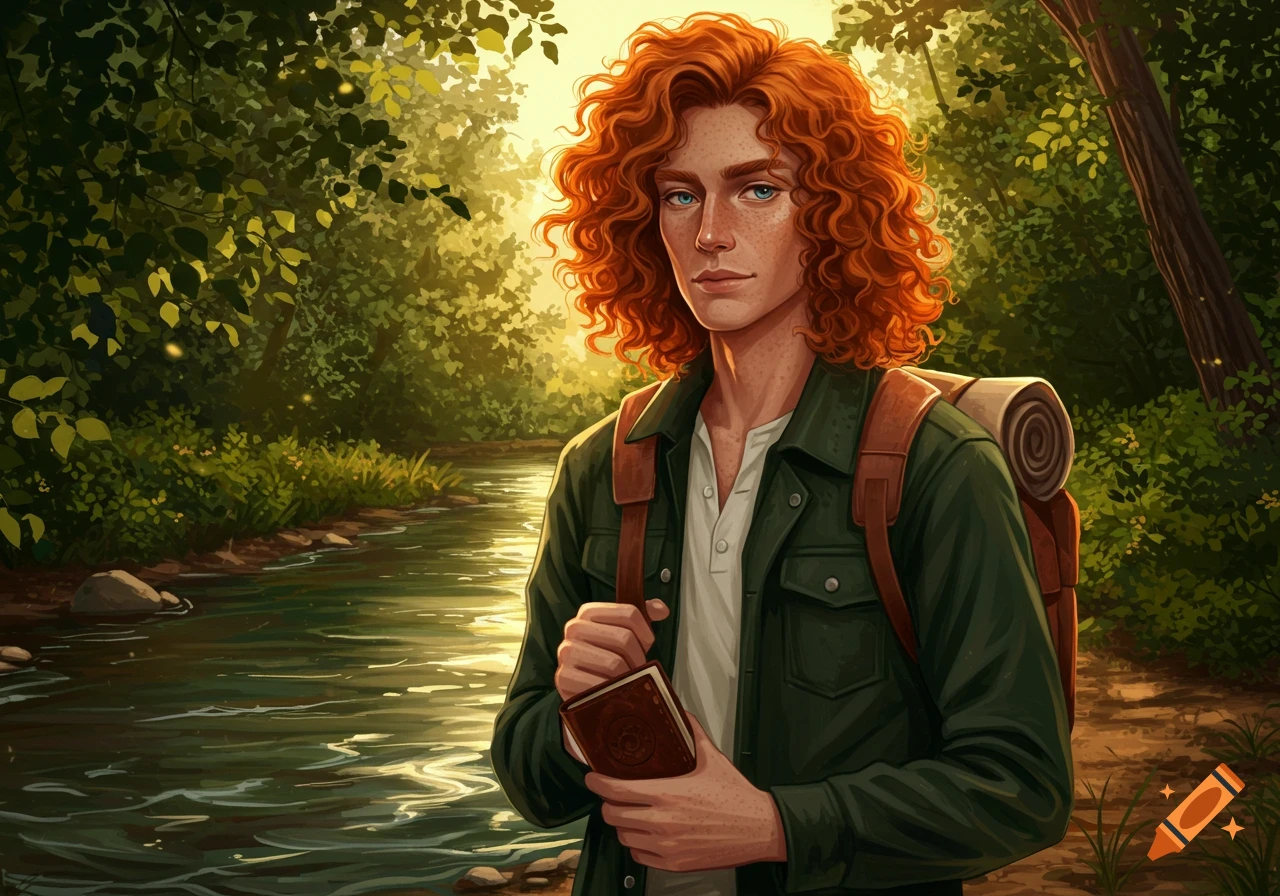 Illustrated ginger man with curly hair and a backpack stands by a river in a sunlit forest, holding a book.