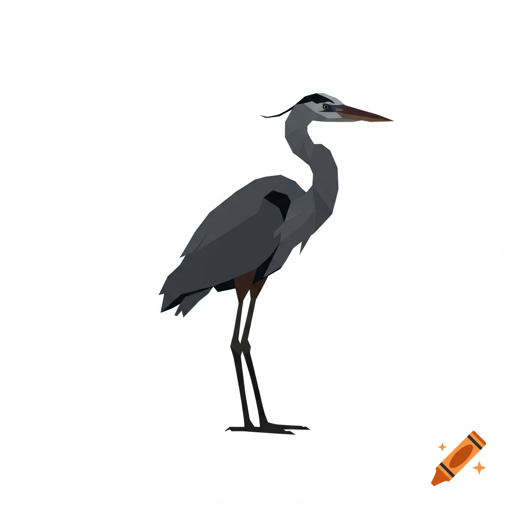 A stylized low-poly illustration of a great blue heron in a minimalist polygonal style, with geometric lines and angular shapes, on a white background.