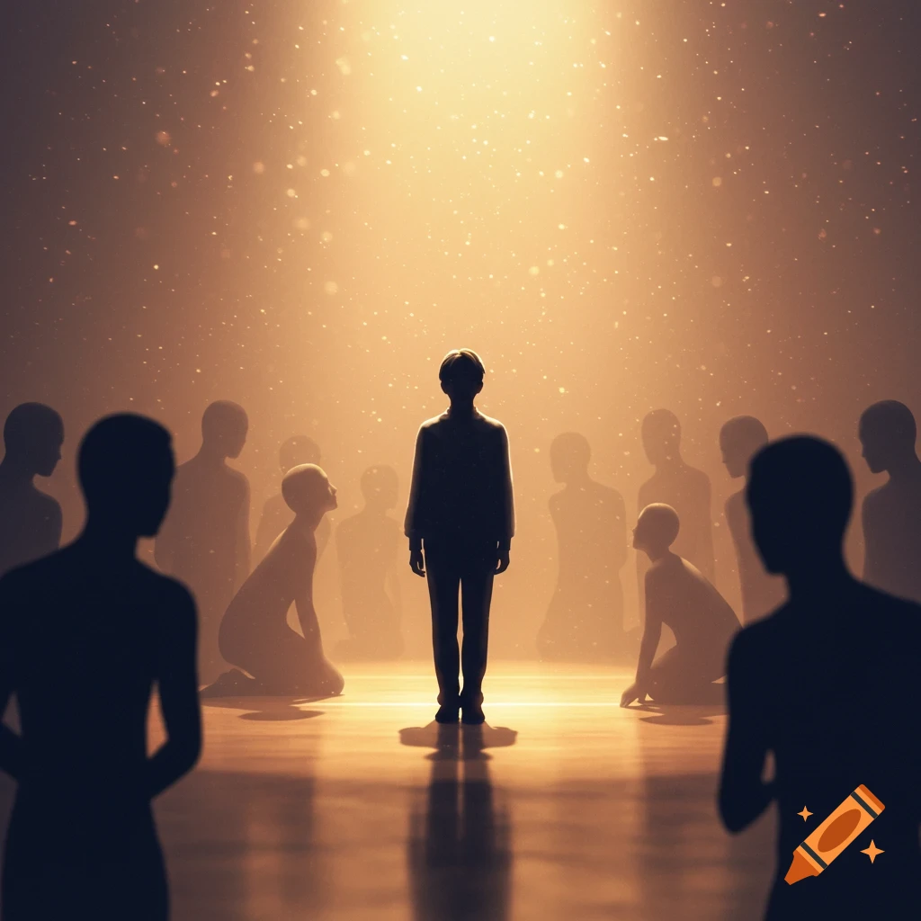 A central figure stands under a bright spotlight, surrounded by silhouetted people in a dramatic, sparkling, and hazy illuminated room.