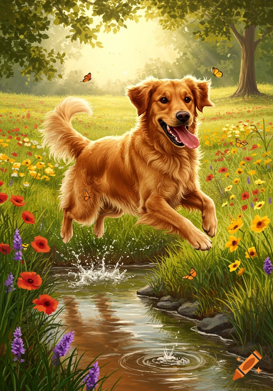 A happy Golden Retriever dog jumps over a small stream, splashing water, in a sunny field of colorful wildflowers.