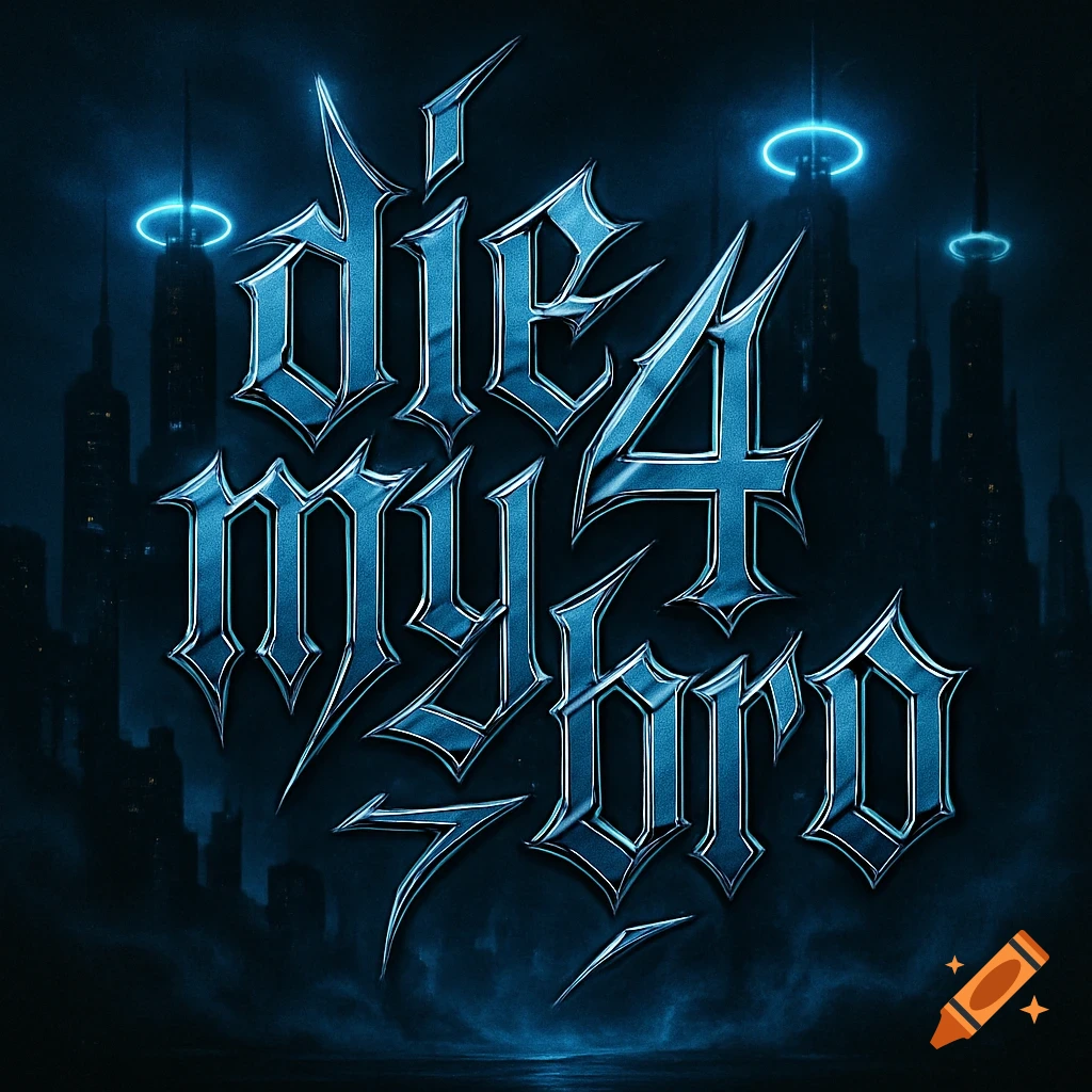 Blue metallic gothic text 'die 4 my bro' shines against a dark, futuristic cityscape with glowing ringed towers.