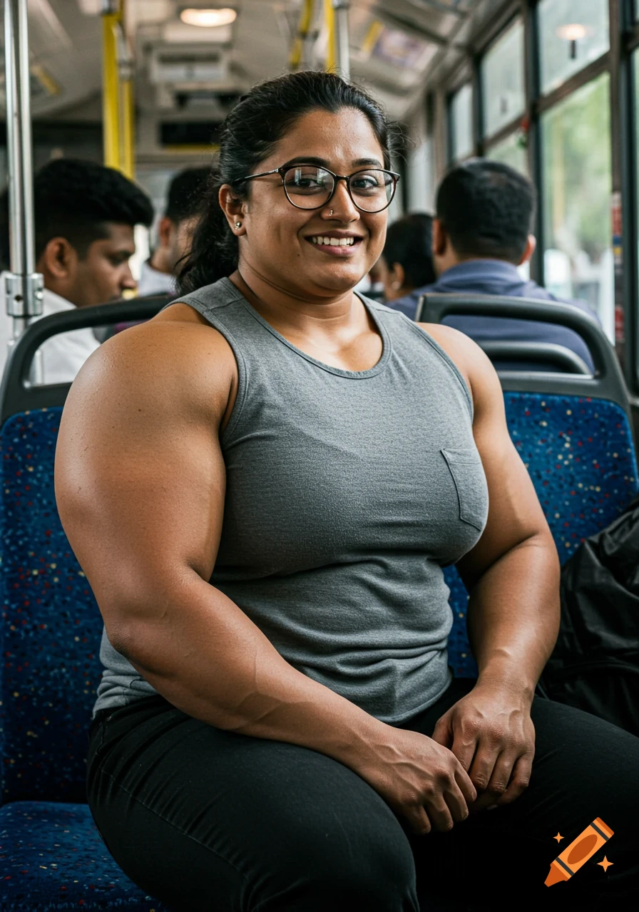 Photorealistic portrait of a smiling, muscular South Asian woman in a grey tank top and black jeans, sitting on a city bus.