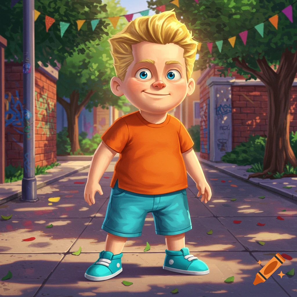Cartoon boy with blonde hair and blue eyes, in orange shirt and blue shorts, standing on a sunny street.