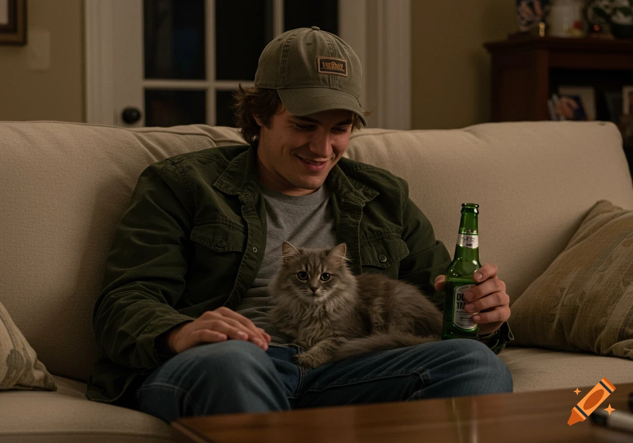 A young man with mid-length brown hair and a baseball hat sits on a couch, smiling at a fluffy grey cat on his lap. He holds a beer bottle, in a cozy, warm-lit room.