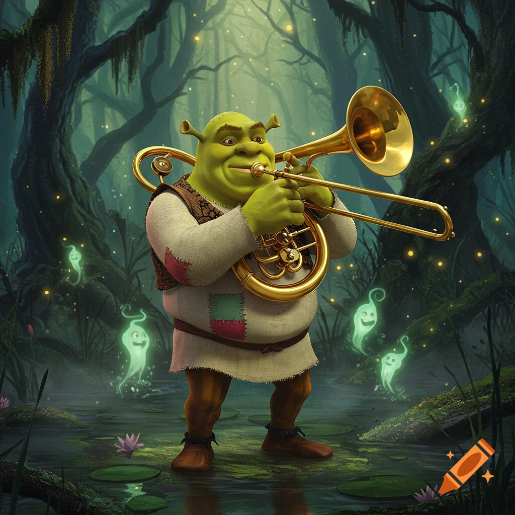 Shrek plays a golden trombone in a glowing, magical swamp with floating green spirits. Detailed digital art.