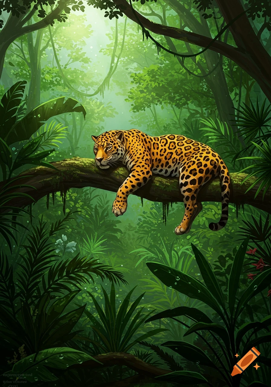 An illustrative jaguar naps on a thick tree branch in a lush, sun-dappled rainforest.