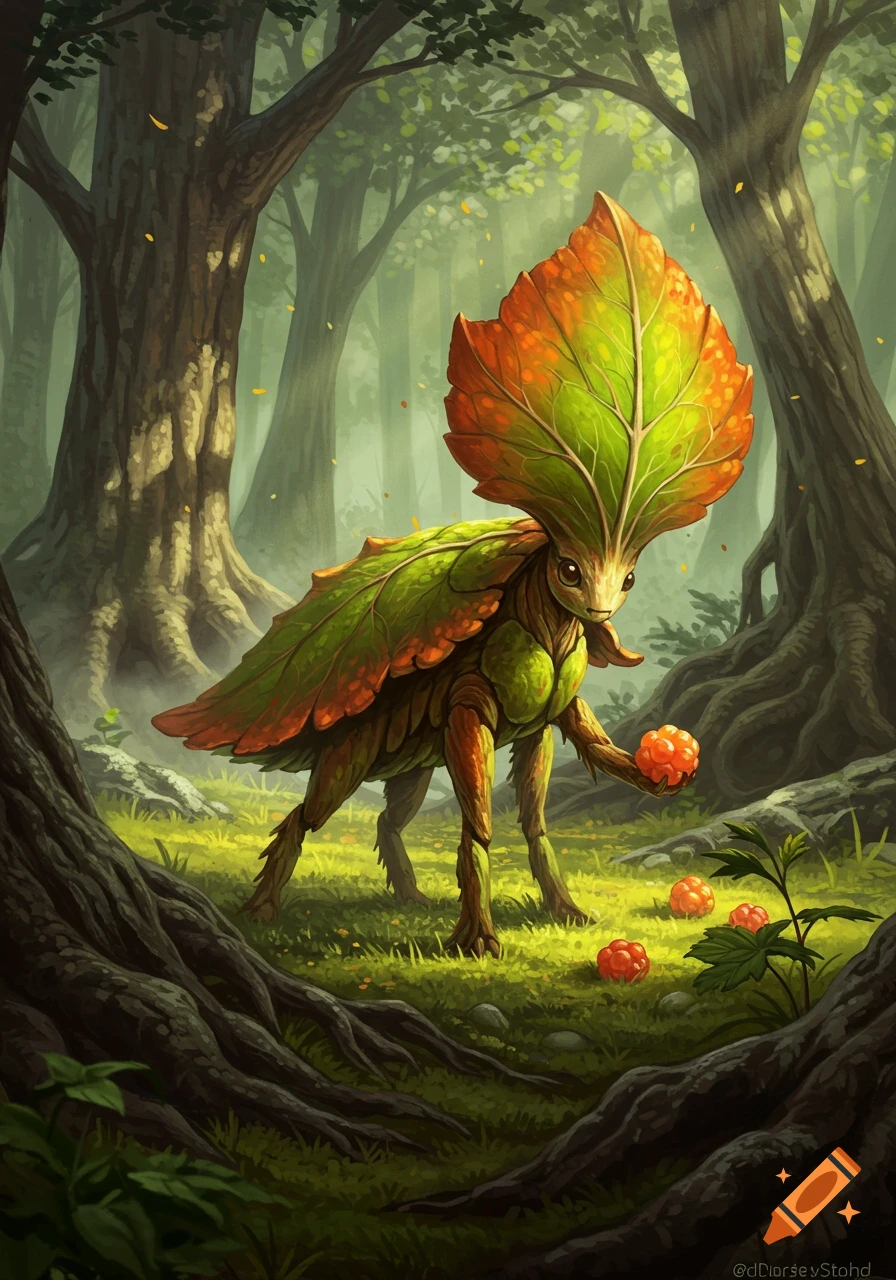 A whimsical leaf-creature with a large green and orange leaf head and body stands in a sunlit forest, holding a red berry.