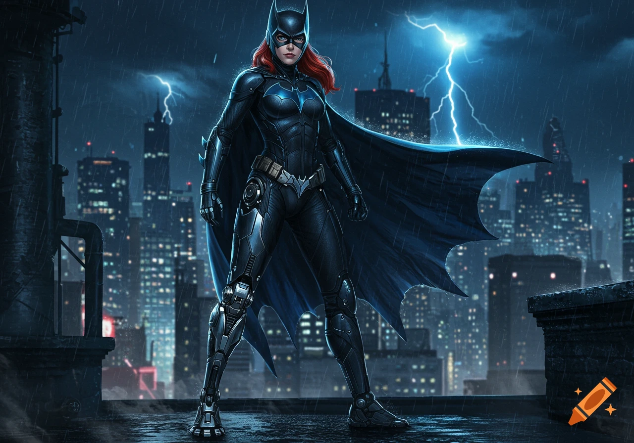 Batgirl with a robotic right leg, wearing a black batsuit with blue accents, stands on a rainy city rooftop as lightning strikes. Comic art style.