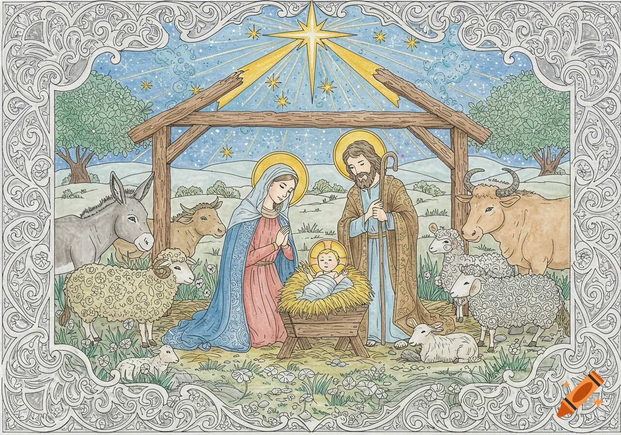 Watercolor Nativity scene: Mary, Joseph, baby Jesus, sheep, donkey, and cows under a star, framed by an ornate border.