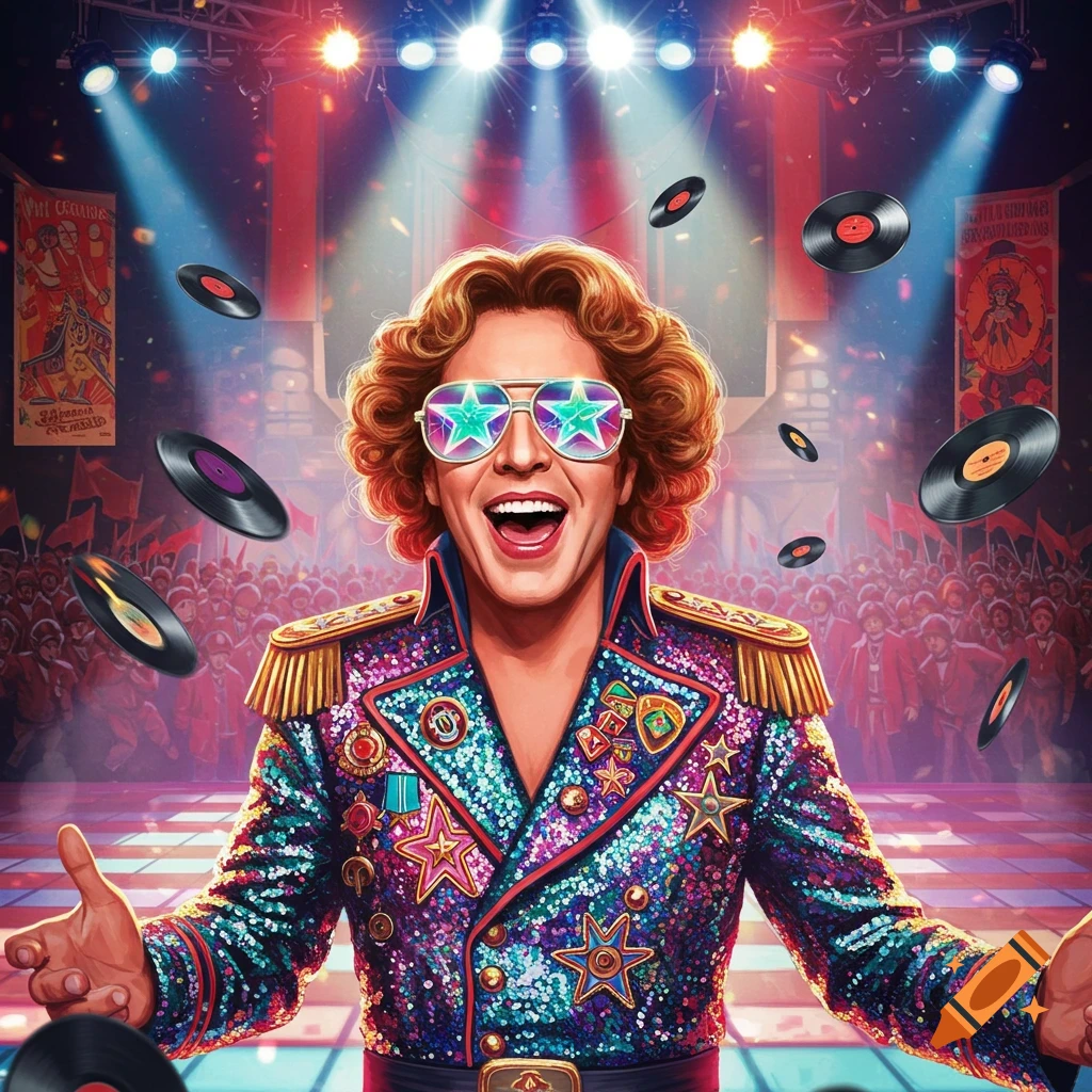 A flamboyant man with curly hair and star sunglasses in a sequined jacket, on a disco stage with floating records and a crowd.