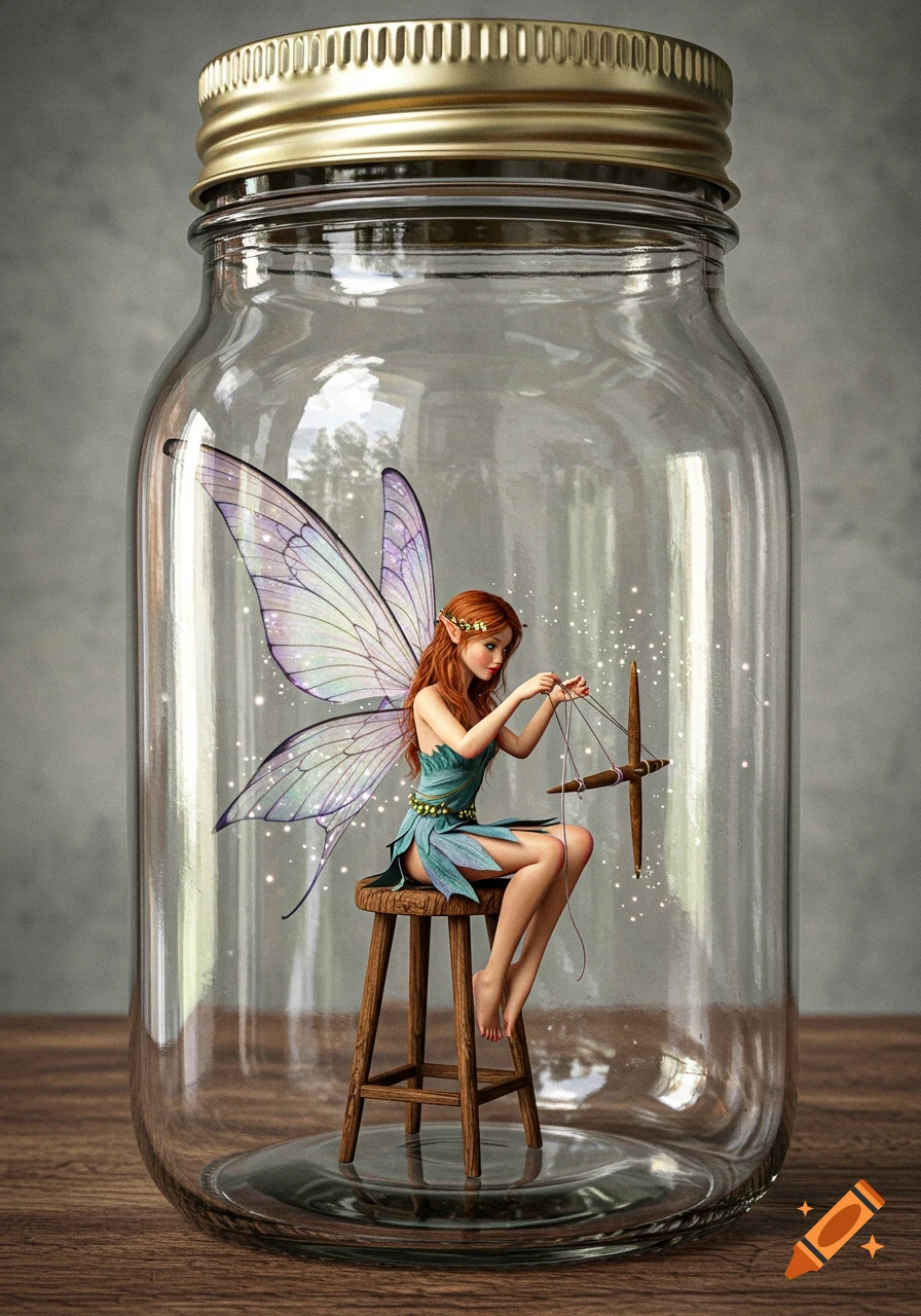 A red-haired fairy with shimmering wings sits on a small stool inside a glass mason jar, manipulating a string for cat's cradle. Photorealistic style.