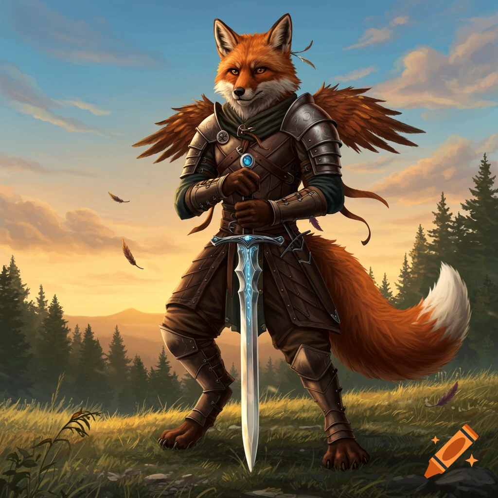 Anthropomorphic fox warrior in armor holding a glowing sword in a grassy field at sunset.