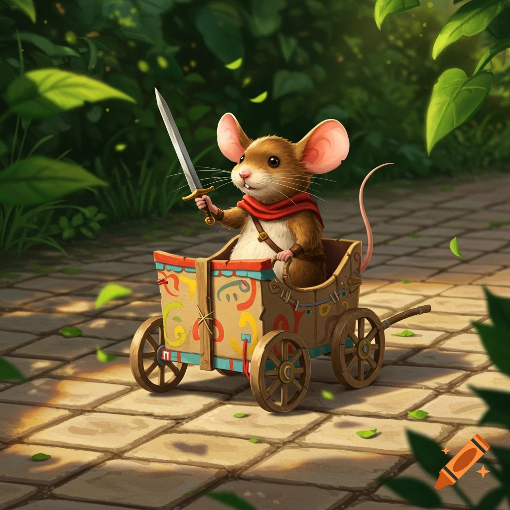 A cute mouse in a homemade cardboard chariot, holding a tiny sword, travels through a sunlit forest path.