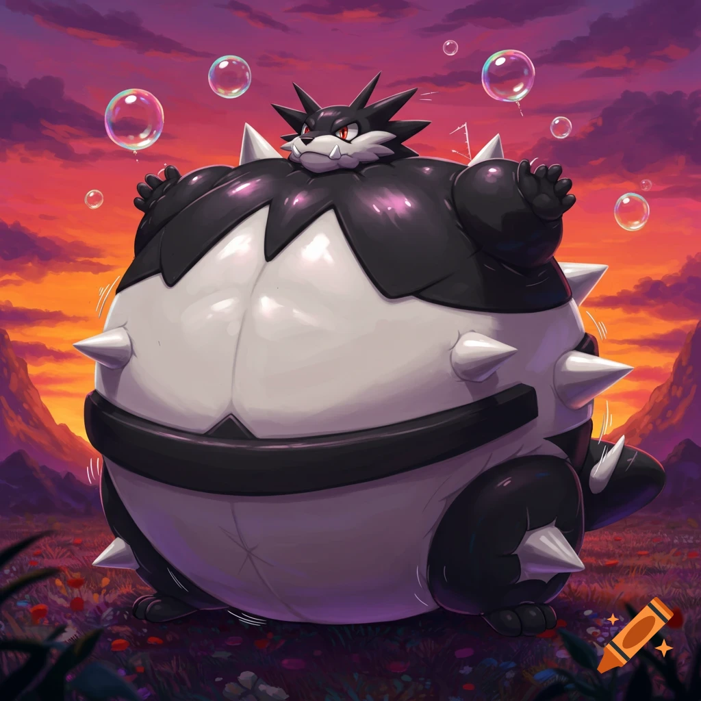 An inflated black and white badger-like Pokémon, Obstagoon, with spikes, floats amongst bubbles in a field at sunset.