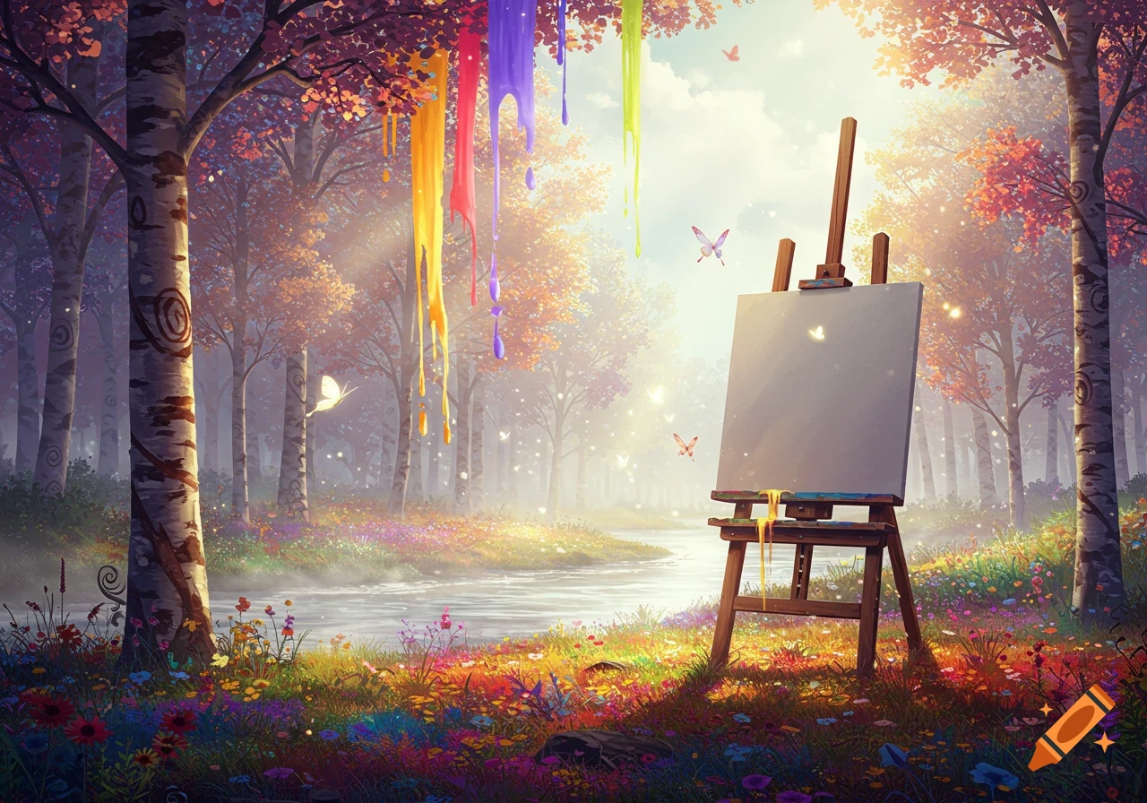 Vibrant, magical forest with an easel by a river, colorful flowers, butterflies, and rainbow paint dripping from trees.
