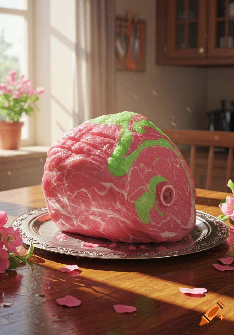Photorealistic image of a pink and green ham on a silver platter on a wooden table in a sunlit room.