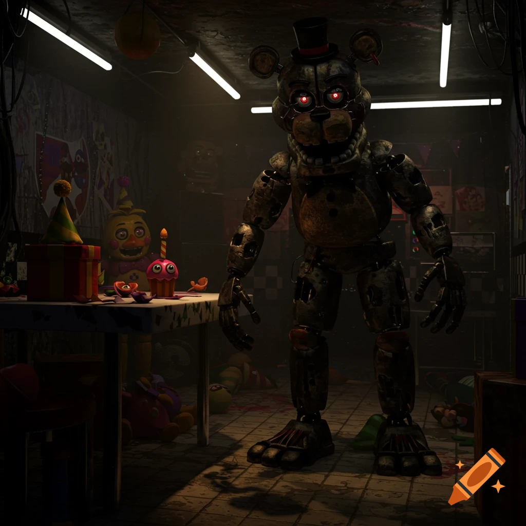 A menacing, weathered Freddy Fazbear animatronic with glowing red eyes stands in a dark, messy room with party decorations.
