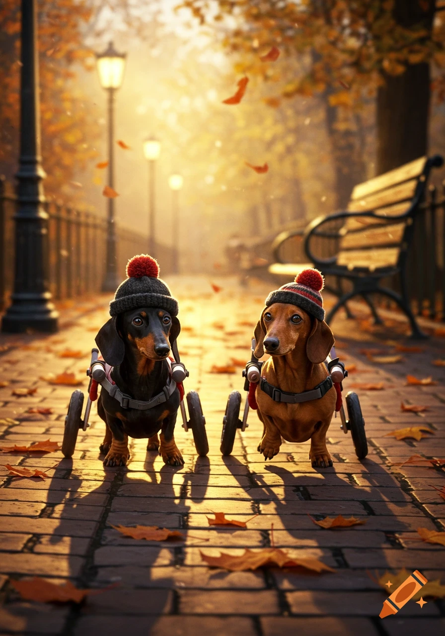 Two dachshunds in wheelchairs wearing winter hats on a sunlit autumn park path with fallen leaves.