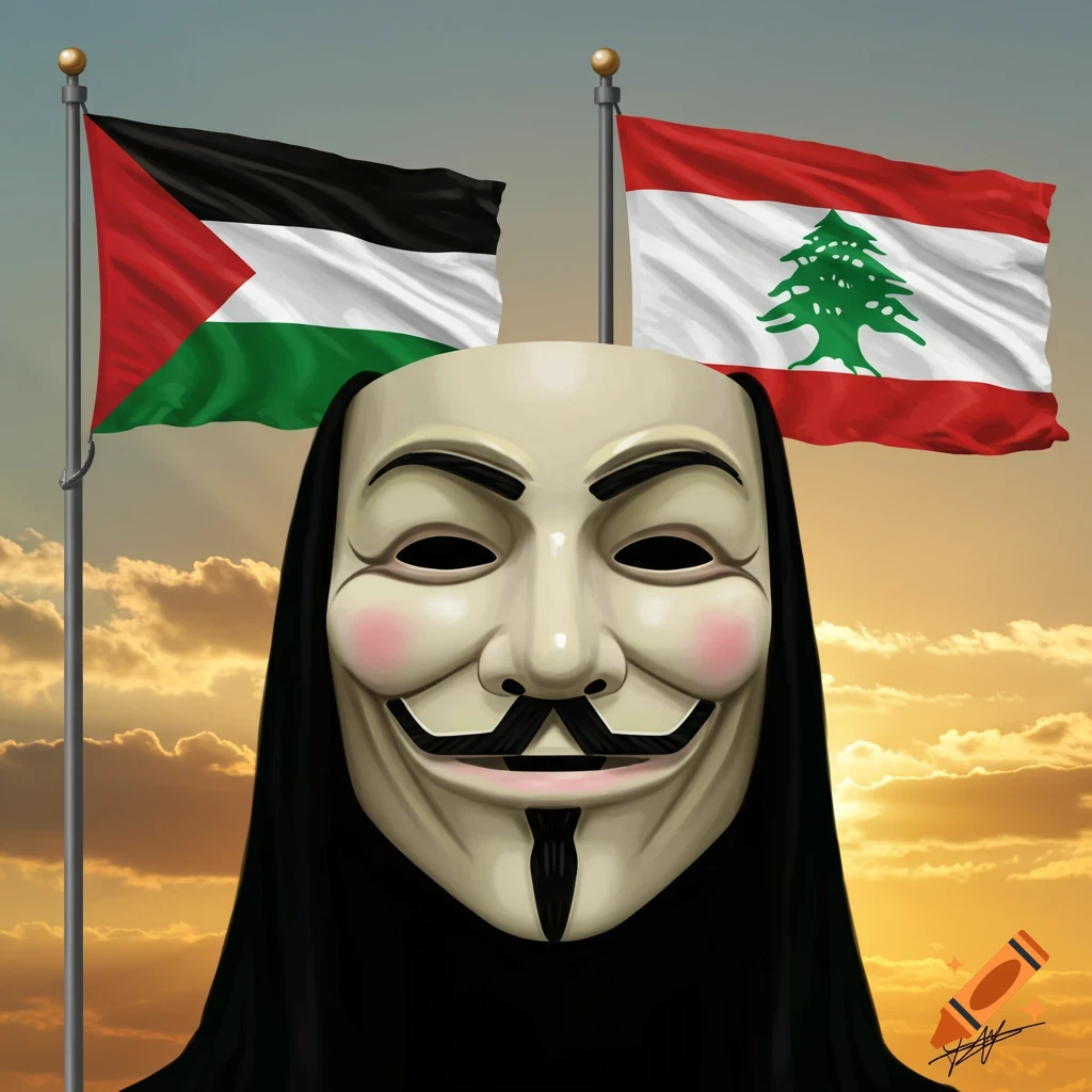 An Anonymous mask in front of the Palestinian and Lebanese flags waving under a dramatic sunset sky.