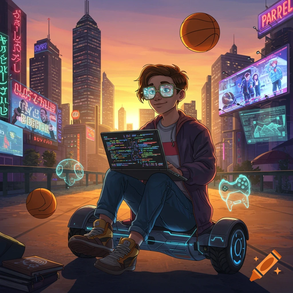 A laid-back, cartoon-style young person with glasses sits on a hoverboard, coding on a laptop in a vibrant, futuristic city at sunset, with neon signs and floating basketballs.