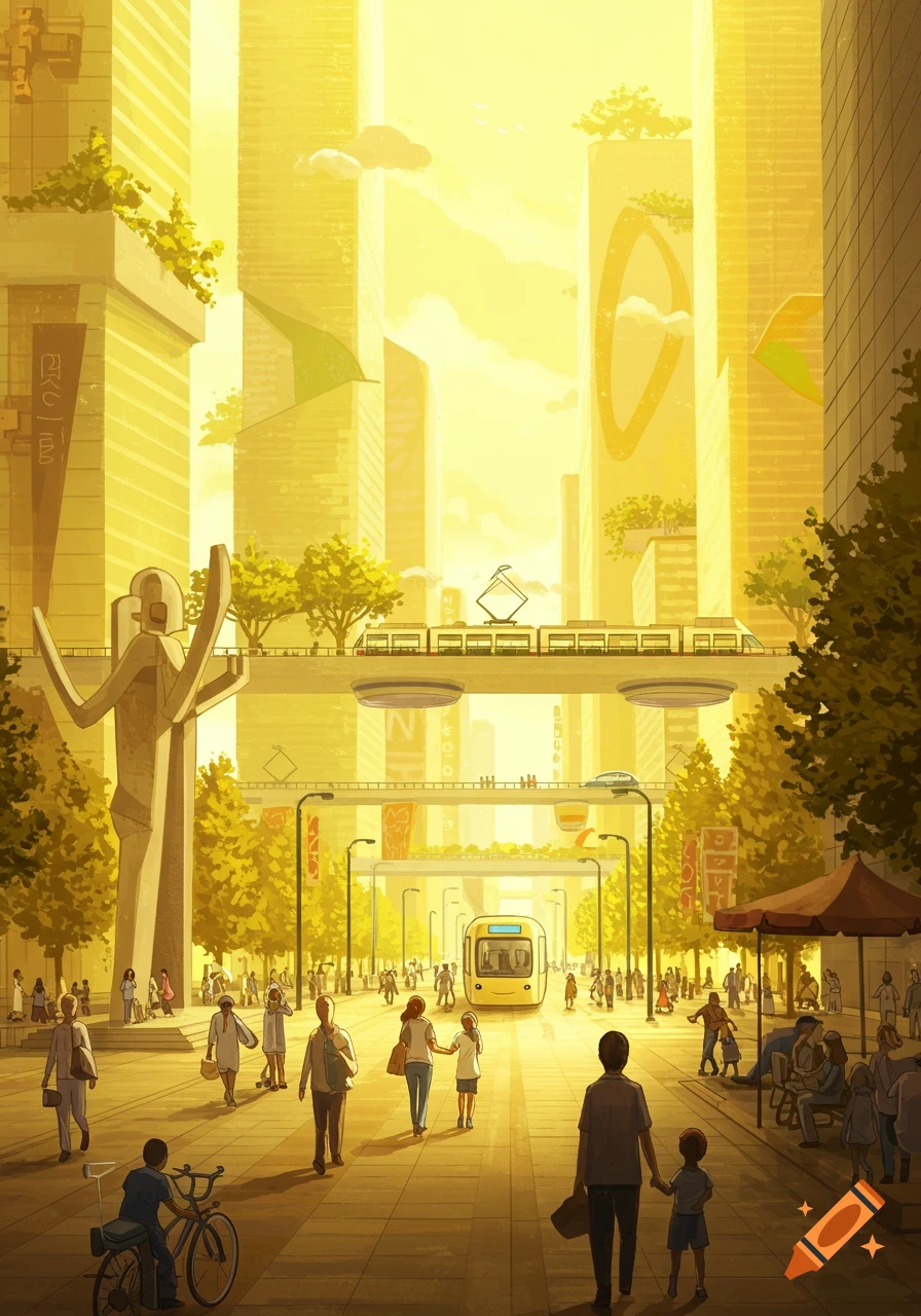 A vibrant yellow-hued, futuristic city street bustling with people, a tram, and elevated trains, with towering green buildings and a large statue.