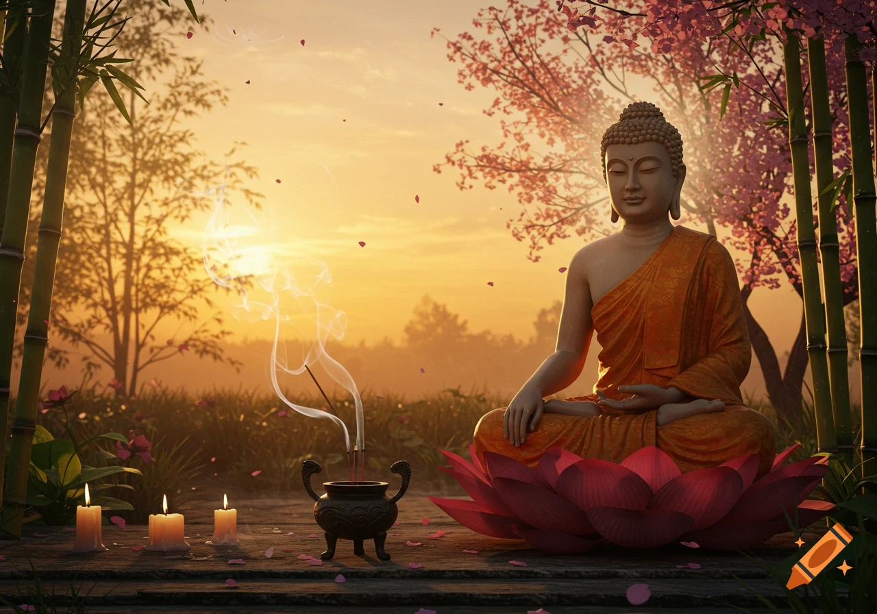 A Buddha statue meditates on a lotus flower at sunset, surrounded by incense, candles, bamboo, and cherry blossoms.