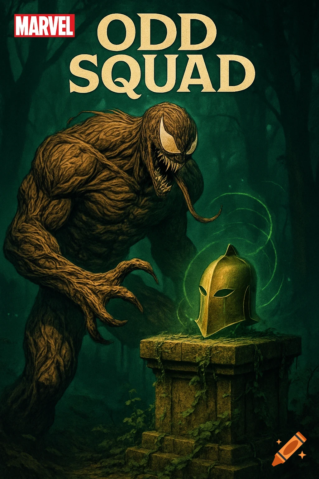 A Marvel comic cover for 'Odd Squad' with a tree-like Venom looking at a glowing golden Doctor Fate helmet on a stone pedestal in a dark forest.