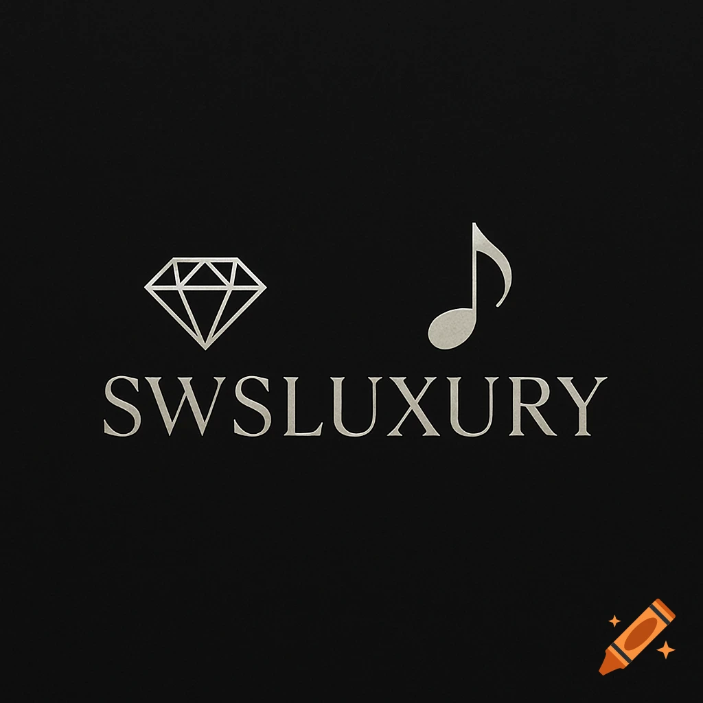 A minimalist logo with a silver diamond and music note above the word SWSLUXURY on a black background.