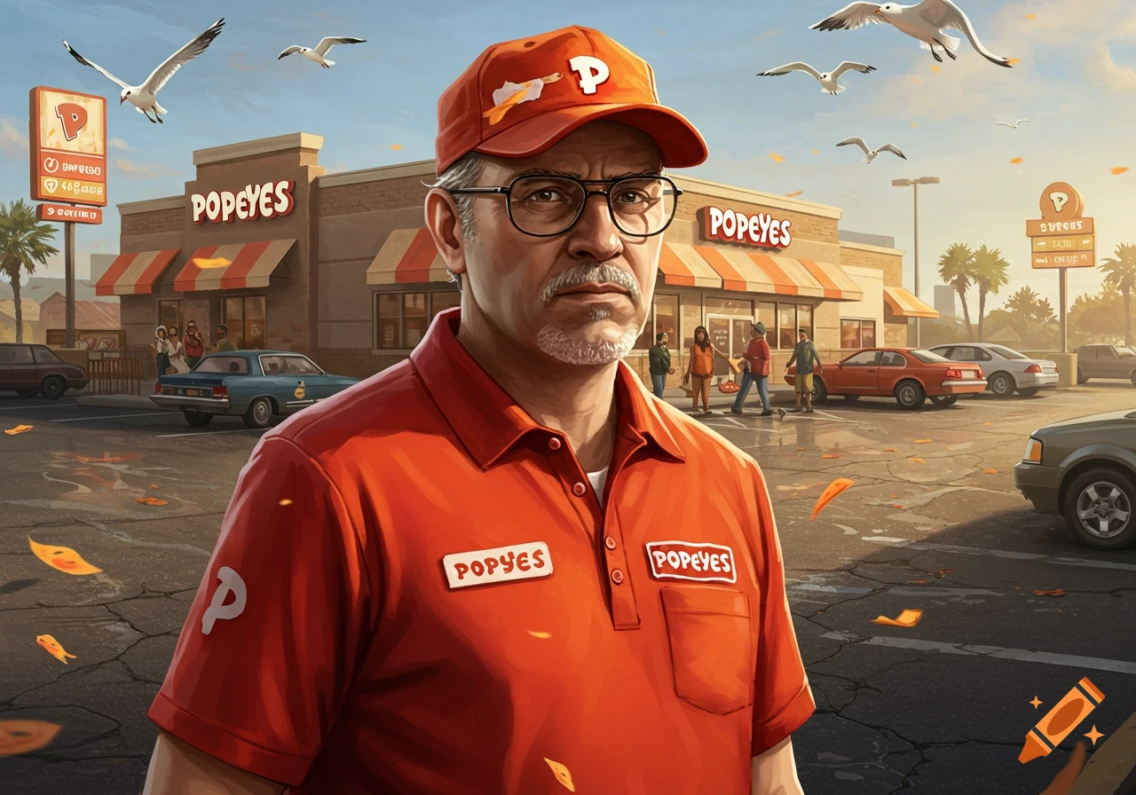 A photorealistic portrait of an older man in a red Popeyes uniform and glasses, standing in front of a Popeyes restaurant with a crowded parking lot. Seagulls fly overhead.